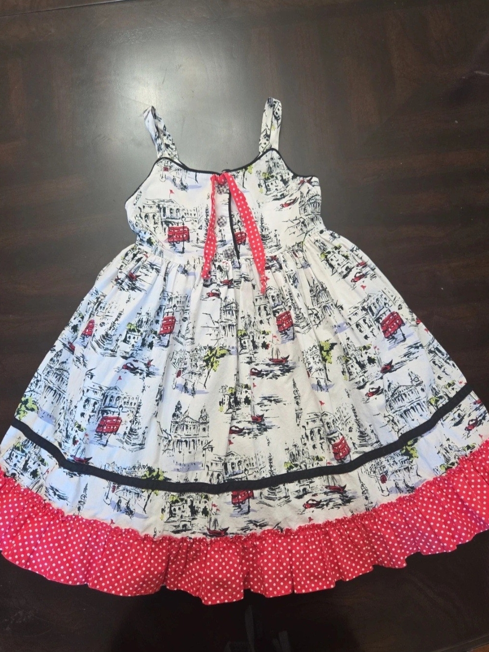 marmellata White Scenic Print Sundress with Red Polka Trim